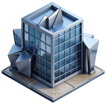 elegant minimalistisk dekonstruktivist kontor byggnad, fragmenterad former, skarp vinklar, metallisk beklädnad, dramatisk skuggor, isometrisk se, hög upplösning png
