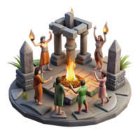 dramatic modern A group of survivors performing a ritual around a bonfire amidst a ruined temple. Mystical, firelight, post-apocalyptic tribalism original png