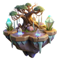 serene traditional A floating island made of intertwined tree roots, cascading waterfalls, and glowing crystals, lit by the warm glow of sunrise, Fantasy Art style high resolution png