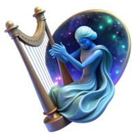 extraordinary classic A celestial being playing a cosmic harp, the music creating ripples in spacetime. Fantasy, ethereal style high quality png