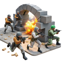 beautiful abstract A group of rebels fighting against heavily armed soldiers in a ruined marketplace, dynamic and action-packed, illuminated by explosions and muzzle flashes, high resolution png