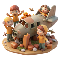 vibrant vintage A group of children playing amongst the rusted wreckage of a crashed airplane. Bittersweet, soft lighting, childhood innocence exclusive png