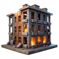 beautiful creative A dilapidated building with broken windows and graffiti-covered walls, illuminated by the orange glow of a burning fire in the distance. Dark, urban, and gritty style exclusive png