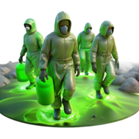 elegant rustic A group of people wearing protective suits walking through a toxic wasteland, illuminated by the green glow of hazardous waste. Dark, apocalyptic, and realistic style professional png