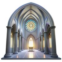elegant abstract Gothic cathedral interior, stained glass rose window, shafts of light, ethereal atmosphere, hyperrealistic rendering, authentic png