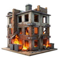 serene creative A dilapidated building with broken windows and graffiti-covered walls, illuminated by the orange glow of a burning fire in the distance. Dark, urban, and gritty style exclusive png