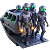 impressive traditional A group of space pirates boarding a derelict spaceship, their faces obscured by helmets with glowing visors. Dark, moody lighting, cyberpunk style original png