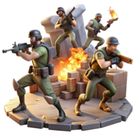 serene traditional A group of rebels fighting against heavily armed soldiers in a ruined marketplace, dynamic and action-packed, illuminated by explosions and muzzle flashes, professional png
