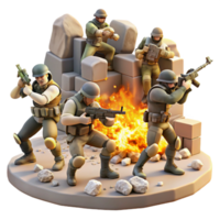 elegant traditional A group of rebels fighting against heavily armed soldiers in a ruined marketplace, dynamic and action-packed, illuminated by explosions and muzzle flashes, 4K png