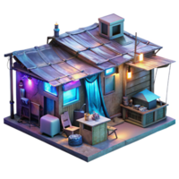dramatic classic A futuristic slum filled with makeshift shelters and holographic advertisements, illuminated by flickering neon signs, cyberpunk and gritty, high resolution png