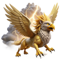 extraordinary contemporary A majestic griffin with golden feathers and piercing amber eyes, soaring through a storm-ridden sky, lightning illuminating its form, epic and dramatic style exclusive png