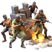 magnificent abstract A group of rebels fighting against heavily armed soldiers in a ruined marketplace, dynamic and action-packed, illuminated by explosions and muzzle flashes, high quality png