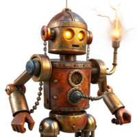 A rusty, steampunk robot with glowing amber eyes operating a complex lever-and-pulley system in a dimly lit workshop, sparks flying from exposed wires. Hyperrealistic style png