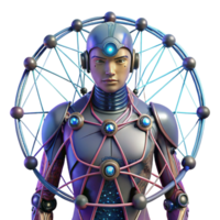 stunning artistic A cybernetically enhanced human connected to a vast network of wires and cables, illuminated by pulsating data streams, cyberpunk and complex, premium png