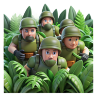 serene rustic A group of soldiers advances through a dense jungle, their faces tense with anticipation. Claustrophobic composition, survival horror style detailed png