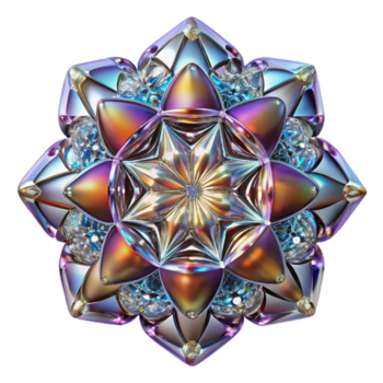 serene traditional A kaleidoscopic pattern of fractured, mirrored surfaces, reflecting a multitude of tiny lights, in a psychedelic style high resolution png