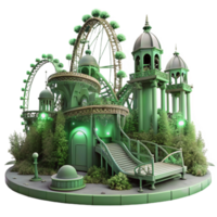 dramatic modern A deserted amusement park overgrown with weeds and vines, illuminated by a pale, sickly green sky, post-apocalyptic and eerie, authentic png