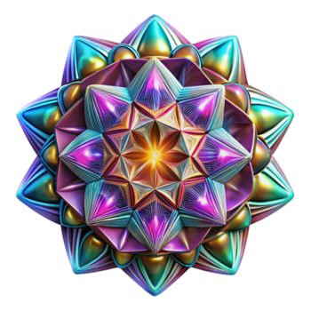 serene modern A kaleidoscopic pattern of intricate, geometric designs, illuminated by a bright, multicolored light, in a psychedelic, op-art style professional png