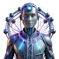 beautiful minimalist A cybernetically enhanced human connected to a vast network of wires and cables, illuminated by pulsating data streams, cyberpunk and complex, original png