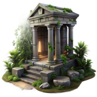 serene vintage Ruined ancient temple, overgrown with vegetation, dramatic lighting, mysterious atmosphere, digital painting high quality png