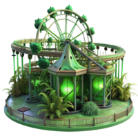 extraordinary vintage A deserted amusement park overgrown with weeds and vines, illuminated by a pale, sickly green sky, post-apocalyptic and eerie, 4K png