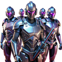 extraordinary modern A group of futuristic cyborgs, clad in sleek, metallic armor, stand back-to-back, weapons drawn, ready for battle. Dramatic, neon lighting, cyberpunk anime style exclusive png