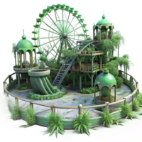 magnificent minimalist A deserted amusement park overgrown with weeds and vines, illuminated by a pale, sickly green sky, post-apocalyptic and eerie, premium png