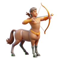 dramatic vintage A wise centaur with the body of a horse and torso of a man, aiming a bow and arrow at a distant target. Romantic style. Golden hour lighting professional png