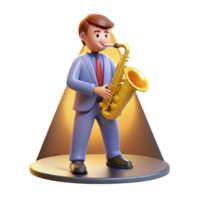 magnificent contemporary A cartoon musician playing a saxophone, bathed in the warm glow of a spotlight on a stage, illustrated in a smooth and jazzy cartoon style professional png