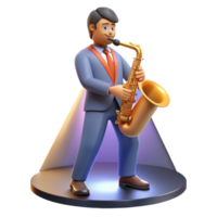 dramatic creative A cartoon musician playing a saxophone, bathed in the warm glow of a spotlight on a stage, illustrated in a smooth and jazzy cartoon style authentic png