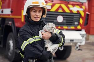 Conception, of savior. Holding cat in hands. Woman firefighter in uniform is at work in department photo