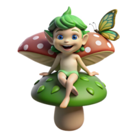 dramatic rustic A mischievous forest sprite with emerald skin and butterfly wings, perched on a giant mushroom, grinning playfully. Soft, dappled sunlight, whimsical illustration style high resolution png