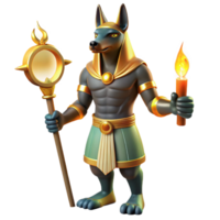 magnificent rustic A benevolent Anubis with a jackal head, holding a golden ankh, surrounded by hieroglyphs, lit by torchlight. Egyptian tomb painting style detailed png
