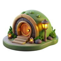 beautiful minimalist A cozy hobbit hole nestled into a hillside, warm firelight from within, children's book illustration style high quality png