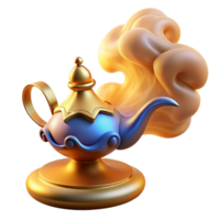 dramatic modern A powerful djinn emerging from a magic lamp, surrounded by swirling smoke, lit by a warm, golden light. Orientalist style authentic png