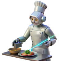vibrant modern A robotic chef preparing a meal in a gleaming, futuristic kitchen, using laser beams to cook the food. Photorealistic style high resolution png