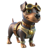 magnificent vintage Steampunk dog, brass and leather harness, intricate goggles, loyal and watchful expression, soft lighting high resolution png