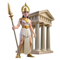 stunning creative A wise Athena with a gleaming helmet and spear, standing in front of the Parthenon. Classical style. Bright, sunny lighting exclusive png