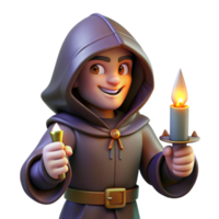 elegant artistic A cunning rogue with a hooded cloak and a sly grin, holding a dagger, illuminated by the dim light of a flickering candle. Baroque style high quality png