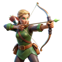 beautiful classic A beautiful elf archer aiming a bow and arrow at a distant target, illuminated by dappled sunlight through forest leaves, in a realistic style high quality png