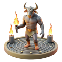 vibrant minimalist A stoic Minotaur with the body of a man and head of a bull, standing in a labyrinth bathed in the cold light of torches. Greek pottery style high quality png