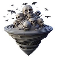 magnificent abstract A floating island made of human skulls, surrounded by a swirling vortex of crows, under a dark, stormy sky. Gothic horror style original png