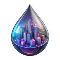 stunning creative A futuristic cityscape reflected in a raindrop on a window, neon lights, cyberpunk style high quality png