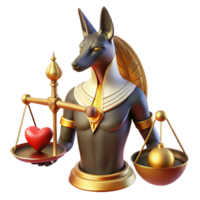 wonderful abstract A powerful Anubis with jackal head and golden Ankh, weighing a human heart on a scale against a feather. Ancient Egyptian art style. Dramatic chiaroscuro lighting professional png