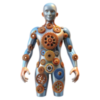 magnificent minimalist A human figure composed entirely of interconnected gears and wires, standing in a desolate, industrial landscape, lit by a flickering, neon sign. Steampunk style professional png