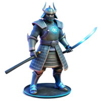 serene artistic A heavily augmented street samurai with a katana, standing in a defensive pose, illuminated by the flickering light of a holographic advertisement, in a gritty, realistic style premium png