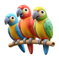 serene rustic A group of colorful parrots perched on a branch, vibrant jungle lighting, cartoon style exclusive png