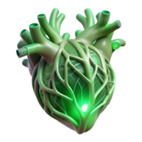 dramatic abstract A human heart made of interwoven tree branches, pulsating with a soft, green light. Fantasy art style genuine png