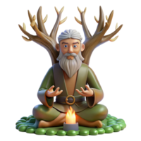 vibrant traditional A wise old druid with antlers and glowing runes carved into his skin, meditating beneath a towering oak tree, lit by dappled sunlight, in a realistic style genuine png