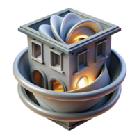 serene rustic A swirling, gravity-defying Escher-esque building, illuminated by an impossible light source, surrealist painting style exclusive png